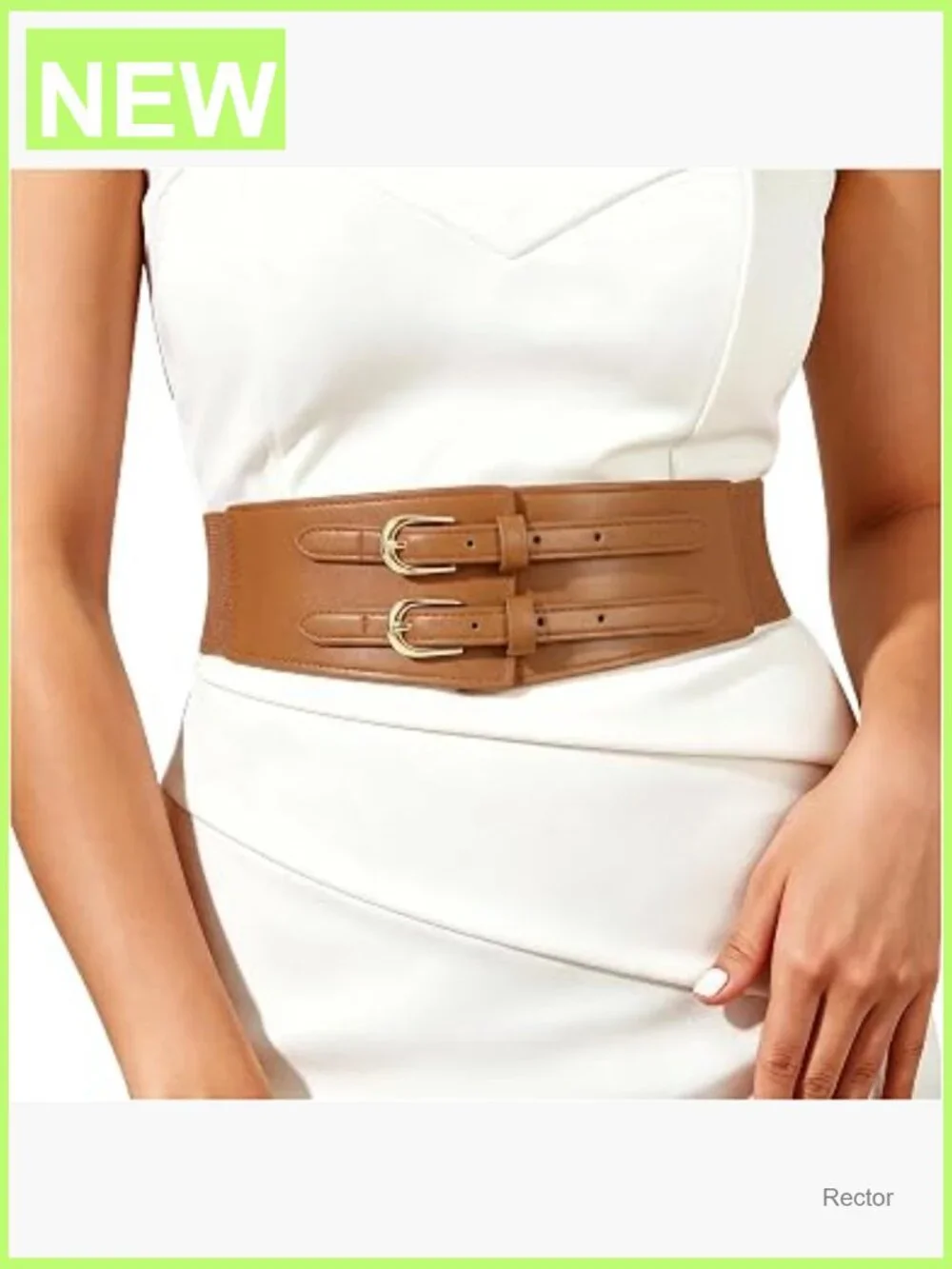 Wide Elastic Waist Leather Belt Double Gold Buckle Vintage Stretchy Corset